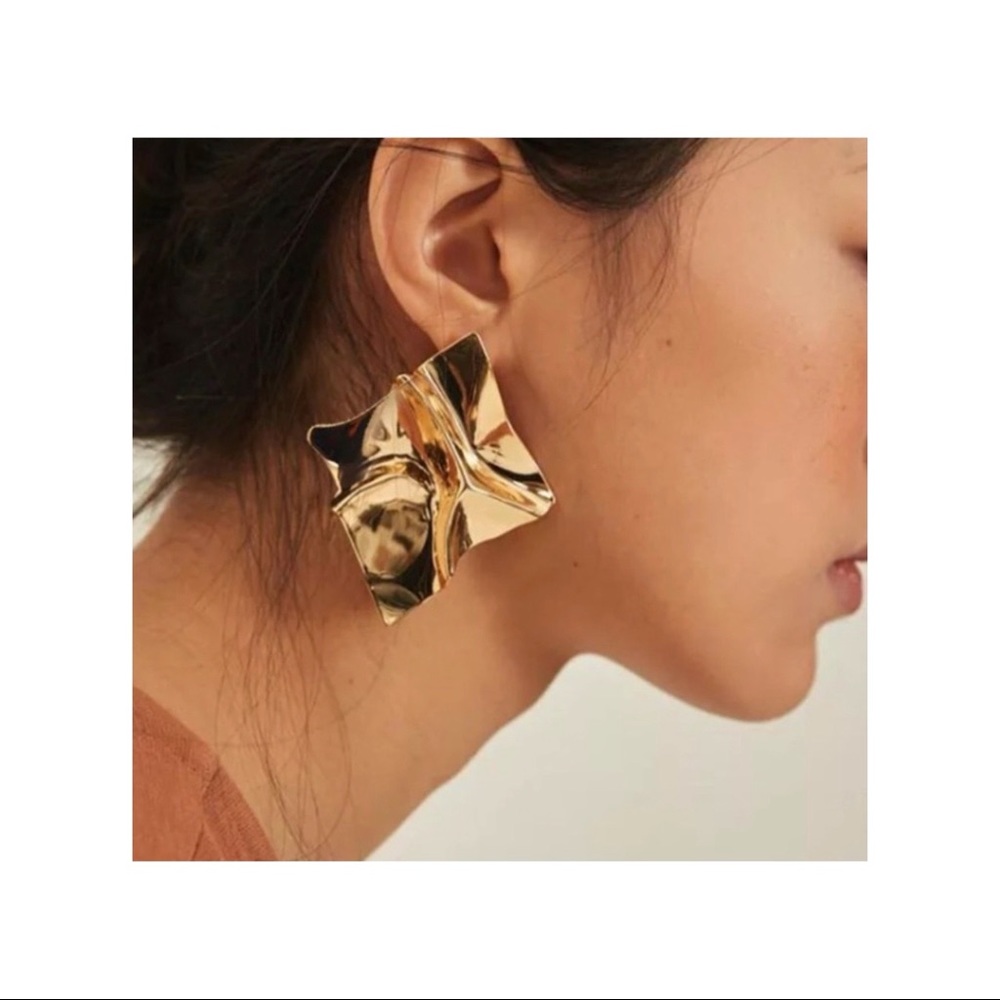 Gold Square Wave Foil Statement Earrings
